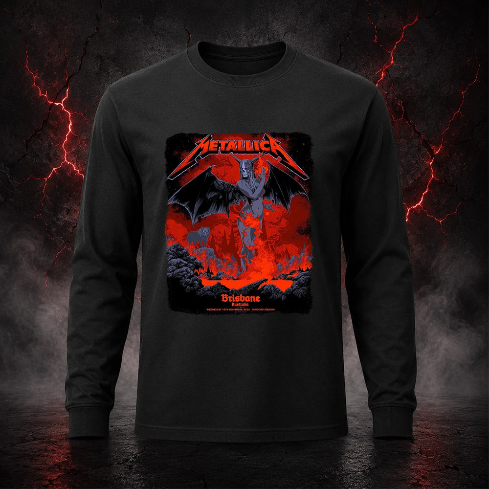 Metallica M72 World Tour November 12 2025 Suncorp Stadium Brisbane Australia T-shirt by Ken Taylor featuring a winged skeletal demon, flame details, wolf, red smoke, volcanic rocks, lava and Brisbane event text.
