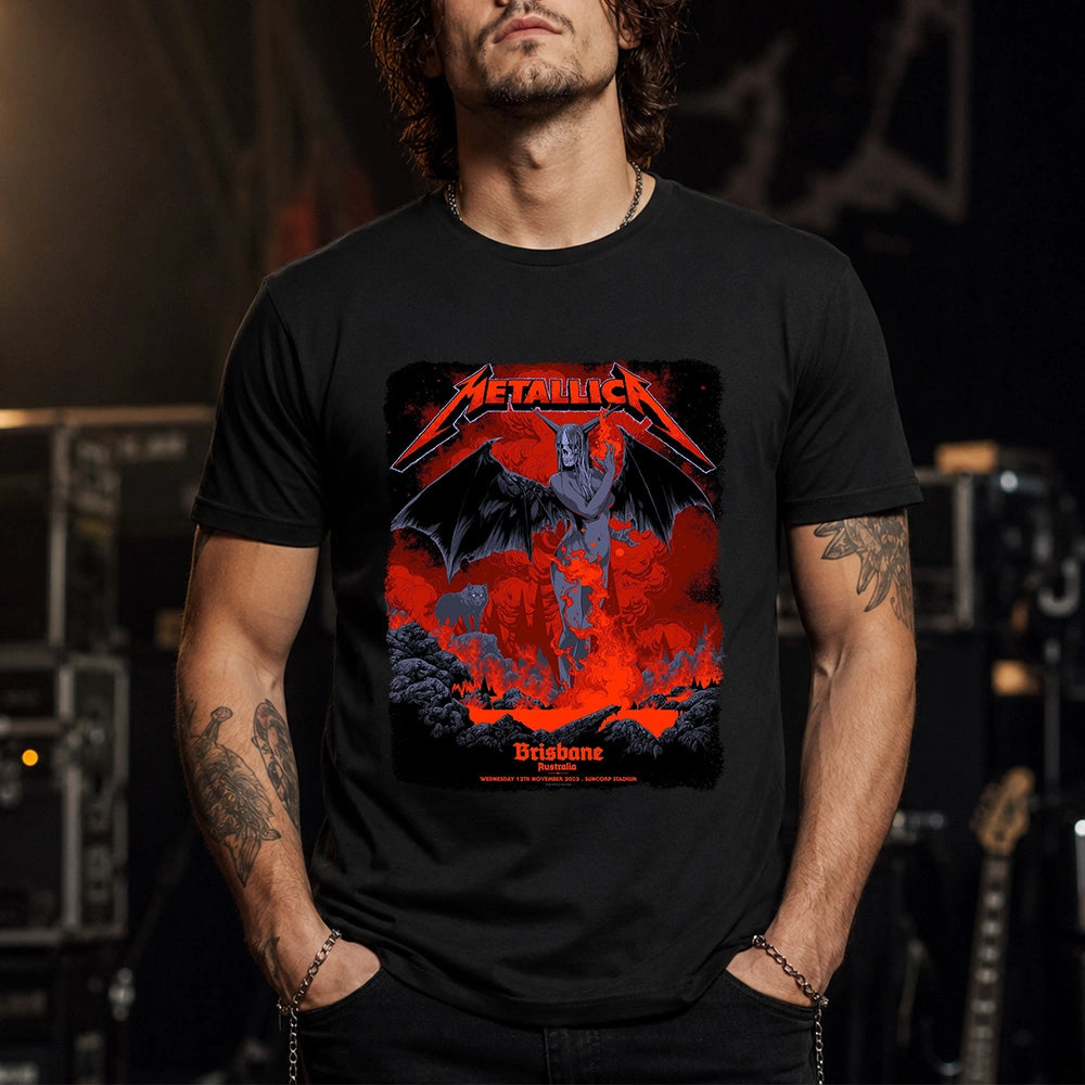 Metallica M72 World Tour November 12 2025 Suncorp Stadium Brisbane Australia T-shirt by Ken Taylor featuring a winged skeletal demon, flame details, wolf, red smoke, volcanic rocks, lava and Brisbane event text.