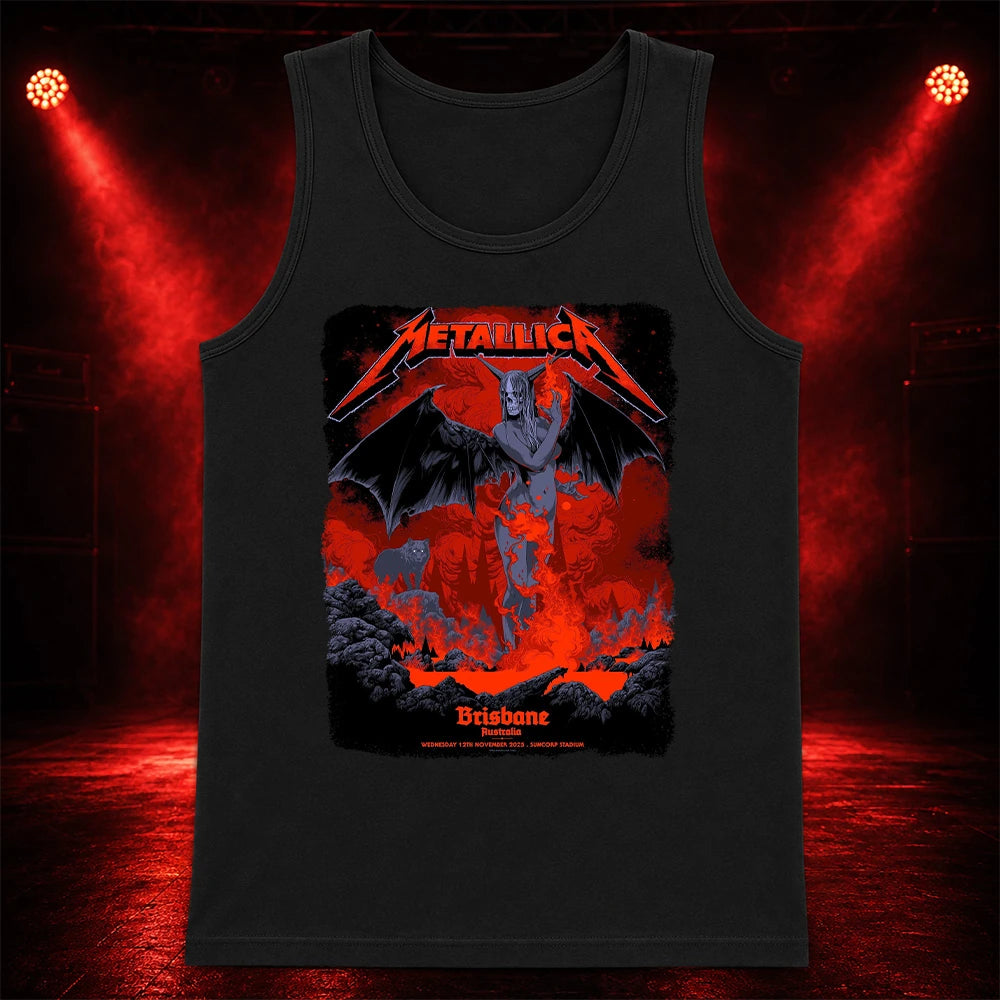 Metallica M72 World Tour November 12 2025 Suncorp Stadium Brisbane Australia T-shirt by Ken Taylor featuring a winged skeletal demon, flame details, wolf, red smoke, volcanic rocks, lava and Brisbane event text.