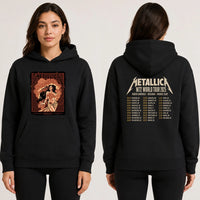 Metallica M72 World Tour November 12 2025 Suncorp Stadium Brisbane Australia 2 side T-shirt by Teniele Sadd featuring a gothic female figure, skeletal hand, ribcage detail, skull-like creature, ornate smoke forms and M72 tour back print.