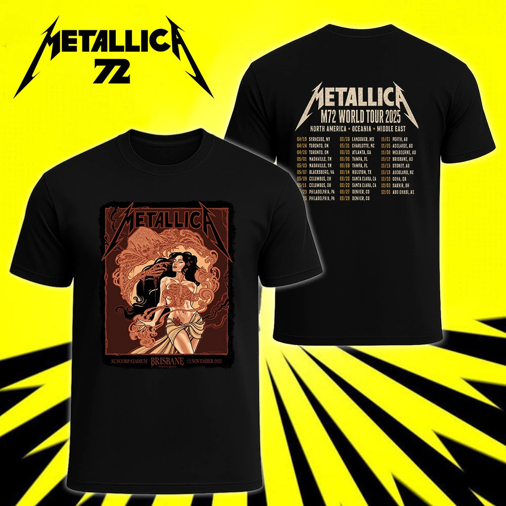 Metallica M72 World Tour November 12 2025 Suncorp Stadium Brisbane Australia 2 side T-shirt by Teniele Sadd featuring a gothic female figure, skeletal hand, ribcage detail, skull-like creature, ornate smoke forms and M72 tour back print.