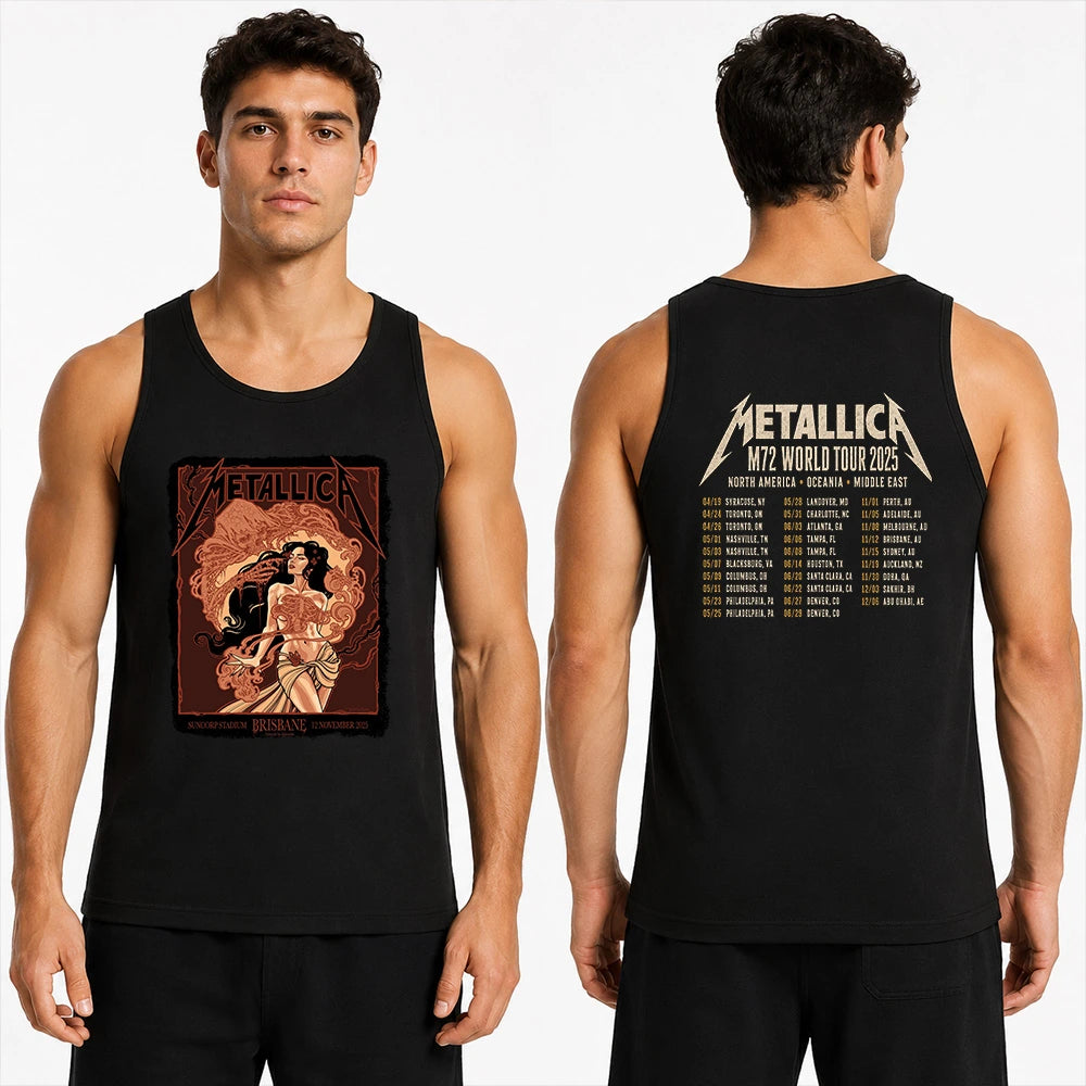 Metallica M72 World Tour November 12 2025 Suncorp Stadium Brisbane Australia 2 side T-shirt by Teniele Sadd featuring a gothic female figure, skeletal hand, ribcage detail, skull-like creature, ornate smoke forms and M72 tour back print.