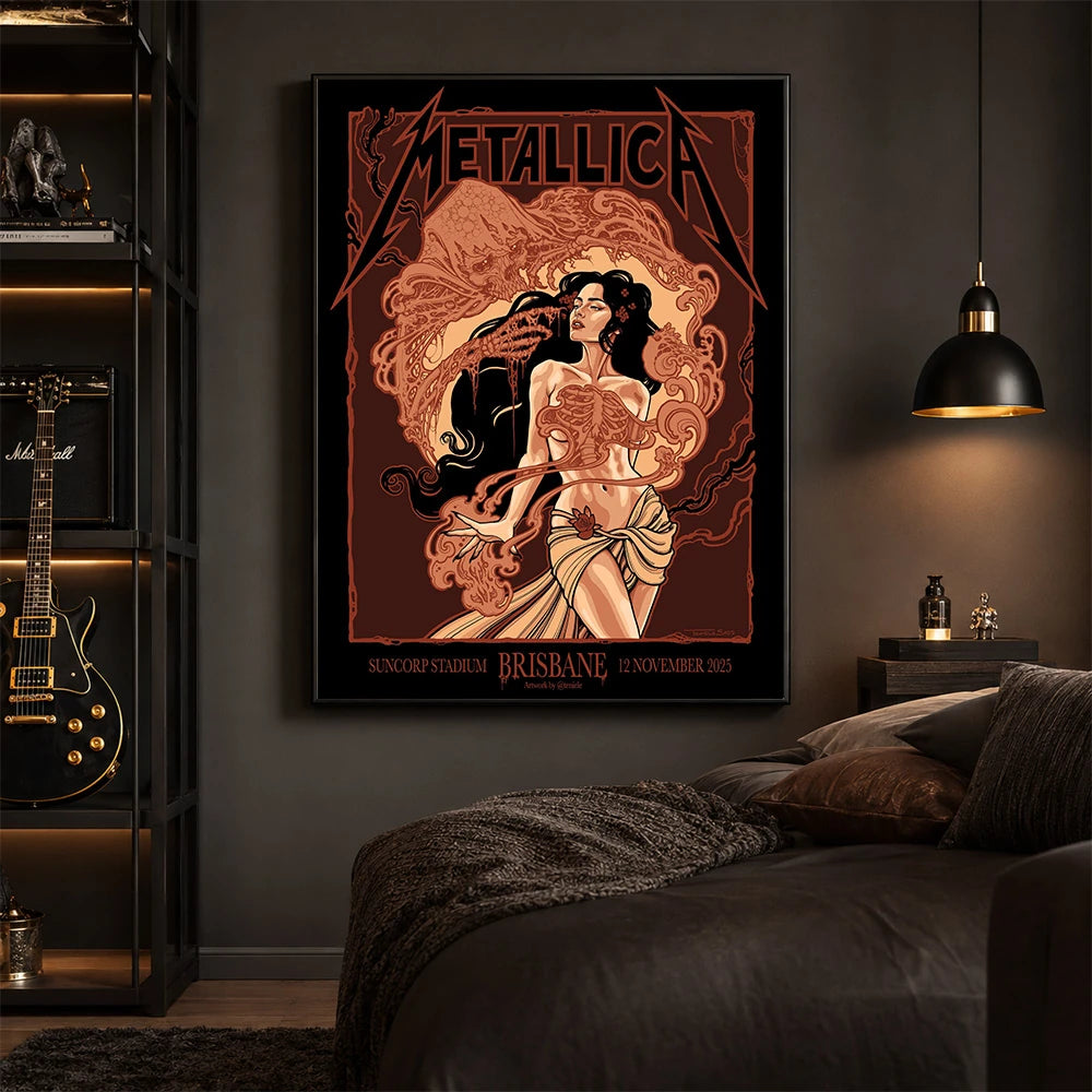 Metallica M72 World Tour November 12 2025 Suncorp Stadium Brisbane Australia poster canvas by Teniele Sadd featuring a gothic female figure, skeletal hand, ribcage detail, skull-like creature, ornate smoke forms and Brisbane event text.