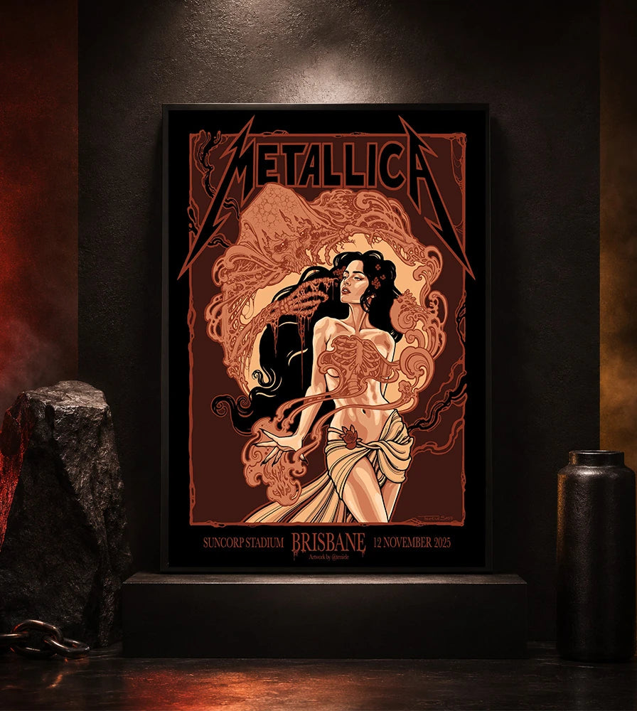 Metallica M72 World Tour November 12 2025 Suncorp Stadium Brisbane Australia poster canvas by Teniele Sadd featuring a gothic female figure, skeletal hand, ribcage detail, skull-like creature, ornate smoke forms and Brisbane event text.
