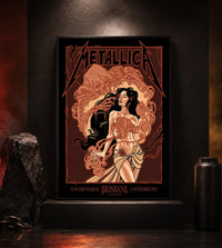 Metallica M72 World Tour November 12 2025 Suncorp Stadium Brisbane Australia poster canvas by Teniele Sadd featuring a gothic female figure, skeletal hand, ribcage detail, skull-like creature, ornate smoke forms and Brisbane event text.