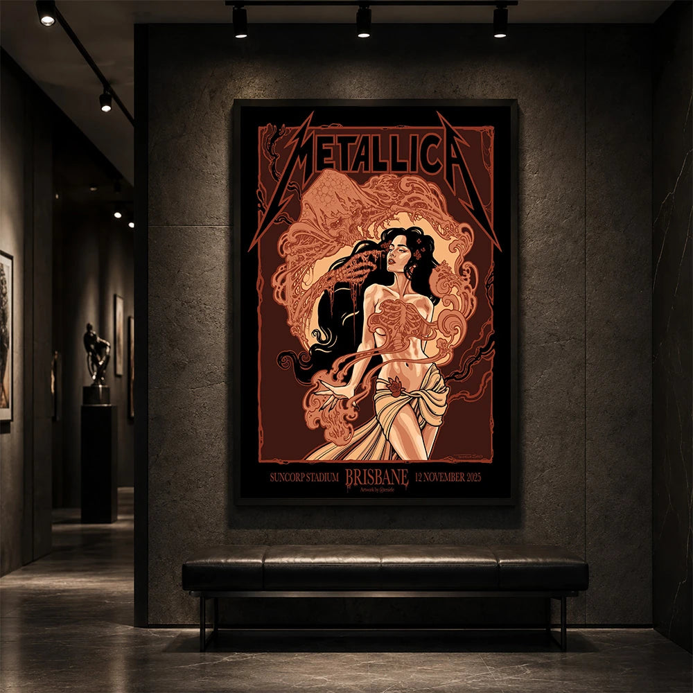 Metallica M72 World Tour November 12 2025 Suncorp Stadium Brisbane Australia poster canvas by Teniele Sadd featuring a gothic female figure, skeletal hand, ribcage detail, skull-like creature, ornate smoke forms and Brisbane event text.