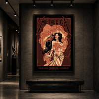 Metallica M72 World Tour November 12 2025 Suncorp Stadium Brisbane Australia poster canvas by Teniele Sadd featuring a gothic female figure, skeletal hand, ribcage detail, skull-like creature, ornate smoke forms and Brisbane event text.