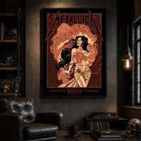 Metallica M72 World Tour November 12 2025 Suncorp Stadium Brisbane Australia poster canvas by Teniele Sadd featuring a gothic female figure, skeletal hand, ribcage detail, skull-like creature, ornate smoke forms and Brisbane event text.