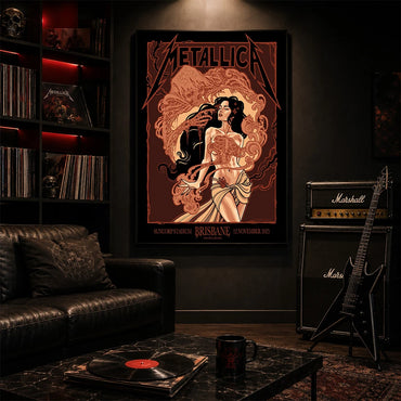 Metallica M72 World Tour November 12 2025 Suncorp Stadium Brisbane Australia poster canvas by Teniele Sadd featuring a gothic female figure, skeletal hand, ribcage detail, skull-like creature, ornate smoke forms and Brisbane event text.