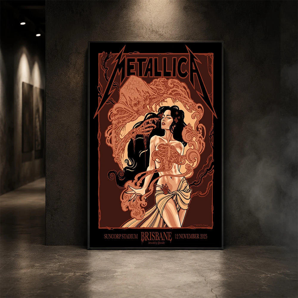 Metallica M72 World Tour November 12 2025 Suncorp Stadium Brisbane Australia poster canvas by Teniele Sadd featuring a gothic female figure, skeletal hand, ribcage detail, skull-like creature, ornate smoke forms and Brisbane event text.