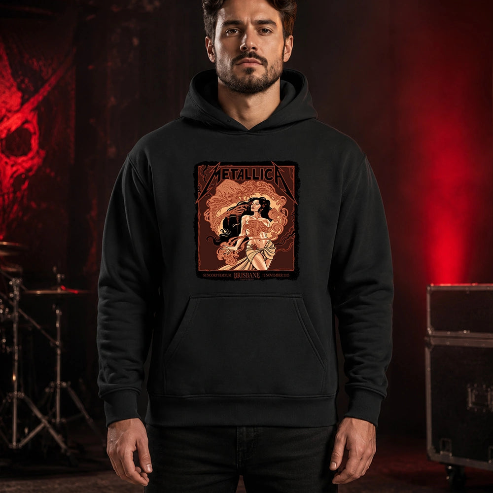 Metallica M72 World Tour November 12 2025 Suncorp Stadium Brisbane Australia T-shirt by Teniele Sadd featuring a gothic female figure, skeletal hand, ribcage detail, skull-like creature, ornate smoke forms and Brisbane event text.