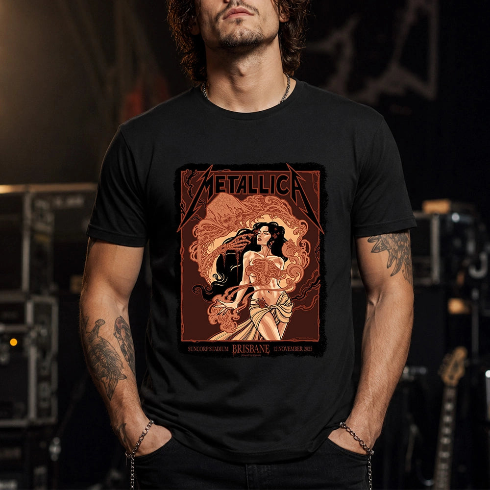 Metallica M72 World Tour November 12 2025 Suncorp Stadium Brisbane Australia T-shirt by Teniele Sadd featuring a gothic female figure, skeletal hand, ribcage detail, skull-like creature, ornate smoke forms and Brisbane event text.