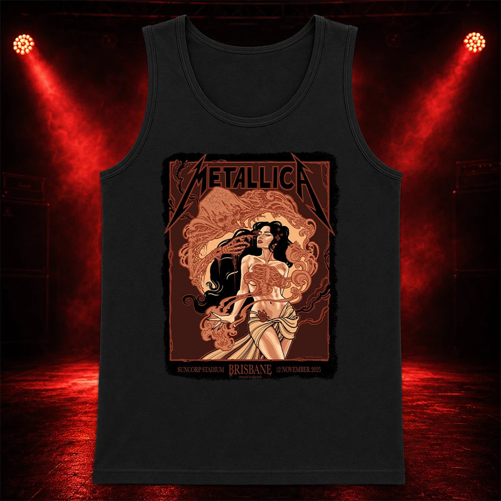 Metallica M72 World Tour November 12 2025 Suncorp Stadium Brisbane Australia T-shirt by Teniele Sadd featuring a gothic female figure, skeletal hand, ribcage detail, skull-like creature, ornate smoke forms and Brisbane event text.