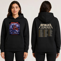 Metallica M72 World Tour November 15 2025 Accor Stadium Sydney Australia 2 side T-shirt by Blair Sayer featuring a hooded skeletal reaper, birds of prey, full moon, lightning, twisted trees and Sydney event text.