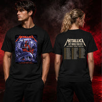 Metallica M72 World Tour November 15 2025 Accor Stadium Sydney Australia 2 side T-shirt by Blair Sayer featuring a hooded skeletal reaper, birds of prey, full moon, lightning, twisted trees and Sydney event text.