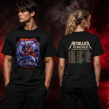 Metallica M72 World Tour November 15 2025 Accor Stadium Sydney Australia 2 side T-shirt by Blair Sayer featuring a hooded skeletal reaper, birds of prey, full moon, lightning, twisted trees and Sydney event text.