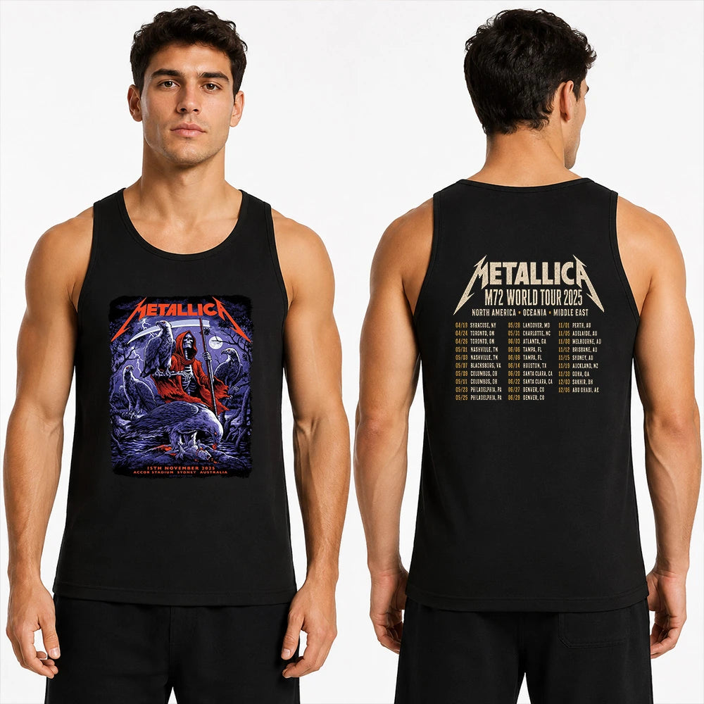 Metallica M72 World Tour November 15 2025 Accor Stadium Sydney Australia 2 side T-shirt by Blair Sayer featuring a hooded skeletal reaper, birds of prey, full moon, lightning, twisted trees and Sydney event text.