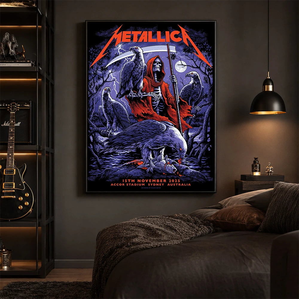 Metallica M72 World Tour November 15 2025 Accor Stadium Sydney Australia poster canvas by Blair Sayer featuring a hooded skeletal reaper, birds of prey, full moon, lightning, twisted trees and Sydney event text.