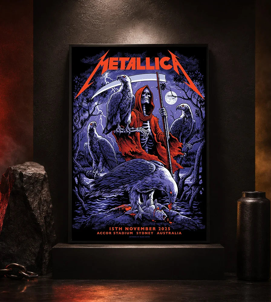 Metallica M72 World Tour November 15 2025 Accor Stadium Sydney Australia poster canvas by Blair Sayer featuring a hooded skeletal reaper, birds of prey, full moon, lightning, twisted trees and Sydney event text.