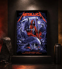 Metallica M72 World Tour November 15 2025 Accor Stadium Sydney Australia poster canvas by Blair Sayer featuring a hooded skeletal reaper, birds of prey, full moon, lightning, twisted trees and Sydney event text.