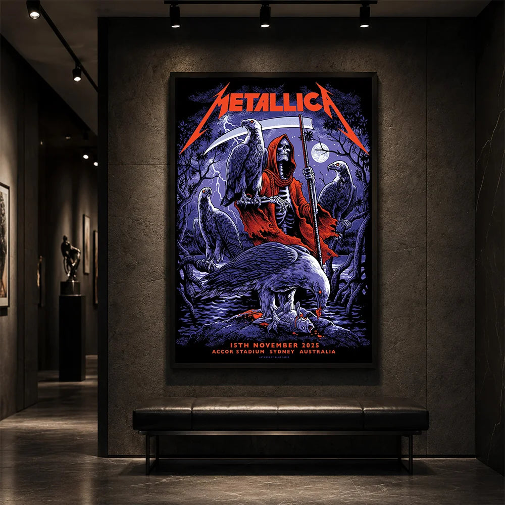 Metallica M72 World Tour November 15 2025 Accor Stadium Sydney Australia poster canvas by Blair Sayer featuring a hooded skeletal reaper, birds of prey, full moon, lightning, twisted trees and Sydney event text.