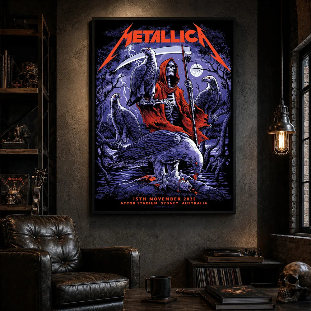 Metallica M72 World Tour November 15 2025 Accor Stadium Sydney Australia poster canvas by Blair Sayer featuring a hooded skeletal reaper, birds of prey, full moon, lightning, twisted trees and Sydney event text.