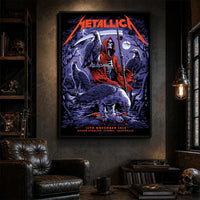 Metallica M72 World Tour November 15 2025 Accor Stadium Sydney Australia poster canvas by Blair Sayer featuring a hooded skeletal reaper, birds of prey, full moon, lightning, twisted trees and Sydney event text.