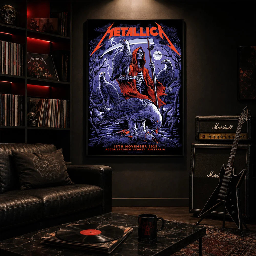 Metallica M72 World Tour November 15 2025 Accor Stadium Sydney Australia poster canvas by Blair Sayer featuring a hooded skeletal reaper, birds of prey, full moon, lightning, twisted trees and Sydney event text.
