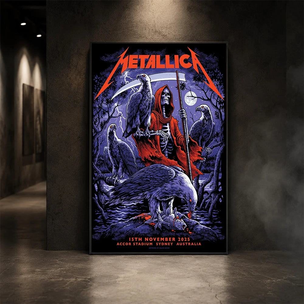 Metallica M72 World Tour November 15 2025 Accor Stadium Sydney Australia poster canvas by Blair Sayer featuring a hooded skeletal reaper, birds of prey, full moon, lightning, twisted trees and Sydney event text.