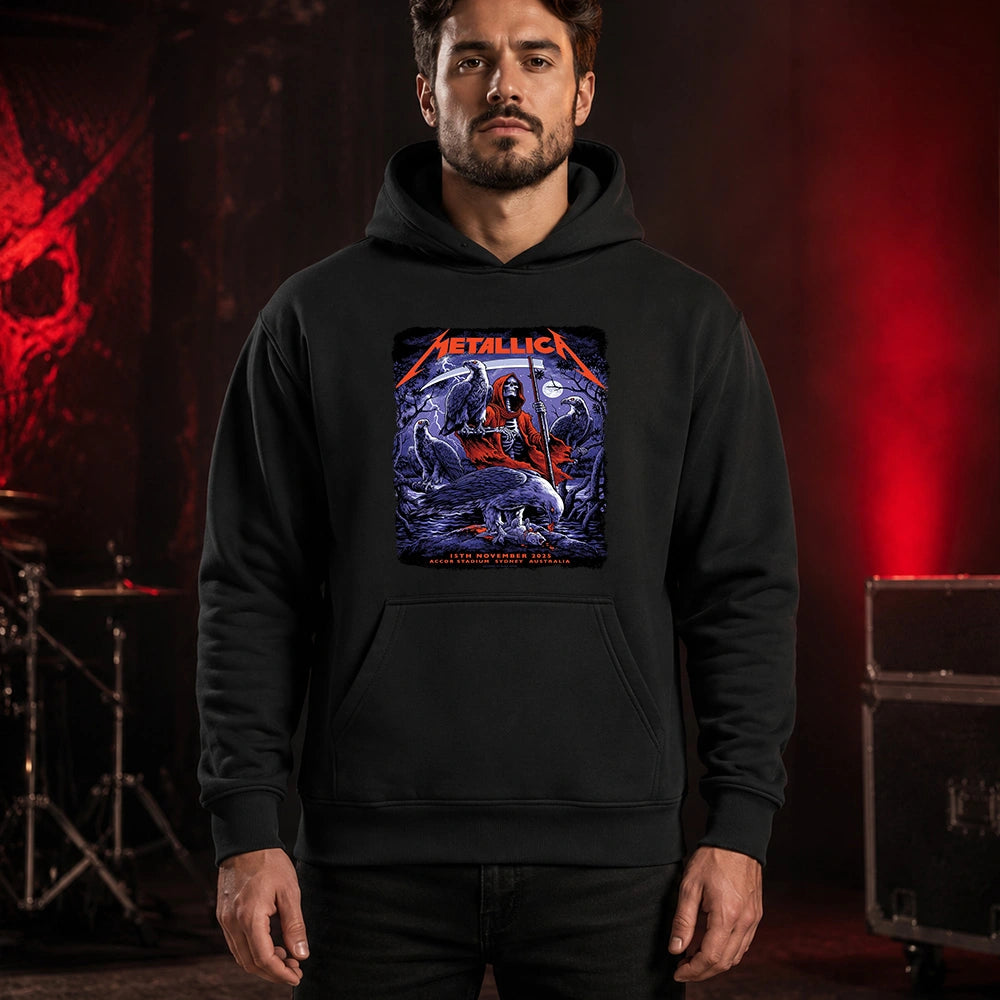 Metallica M72 World Tour November 15 2025 Accor Stadium Sydney Australia T-shirt by Blair Sayer featuring a hooded skeletal reaper, birds of prey, full moon, lightning, twisted trees and Sydney event text.