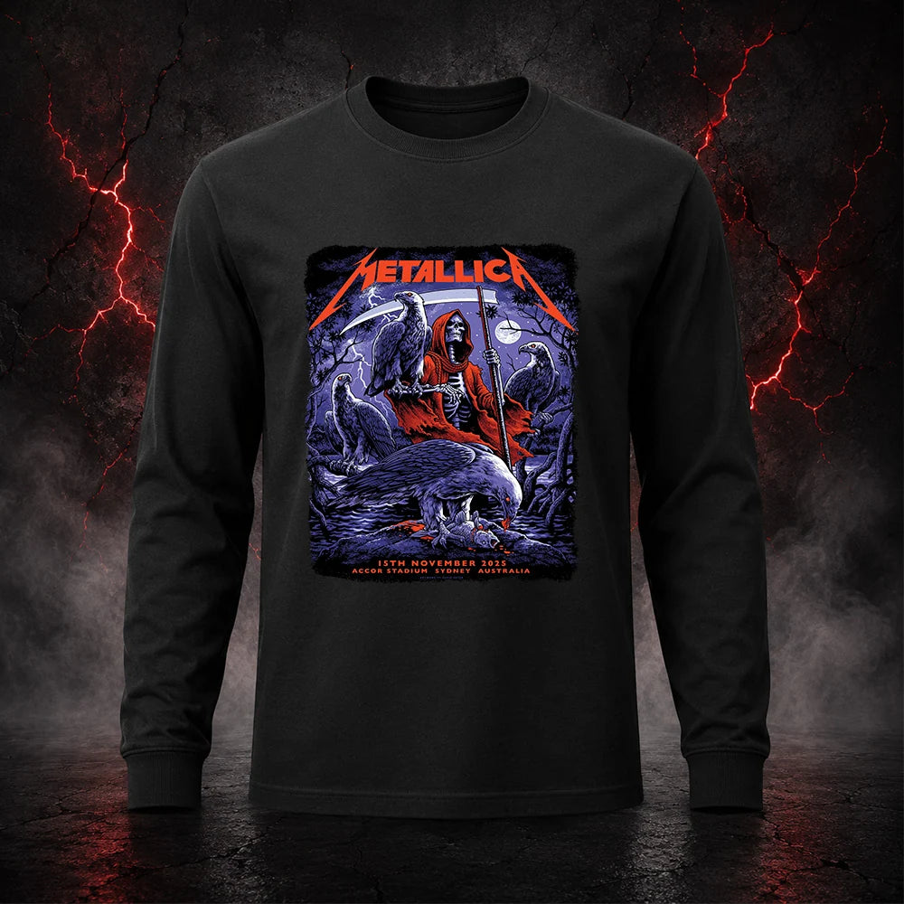 Metallica M72 World Tour November 15 2025 Accor Stadium Sydney Australia T-shirt by Blair Sayer featuring a hooded skeletal reaper, birds of prey, full moon, lightning, twisted trees and Sydney event text.