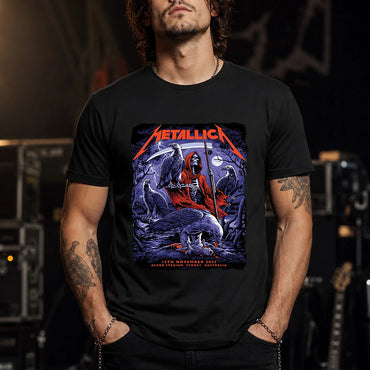 Metallica M72 World Tour November 15 2025 Accor Stadium Sydney Australia T-shirt by Blair Sayer featuring a hooded skeletal reaper, birds of prey, full moon, lightning, twisted trees and Sydney event text.