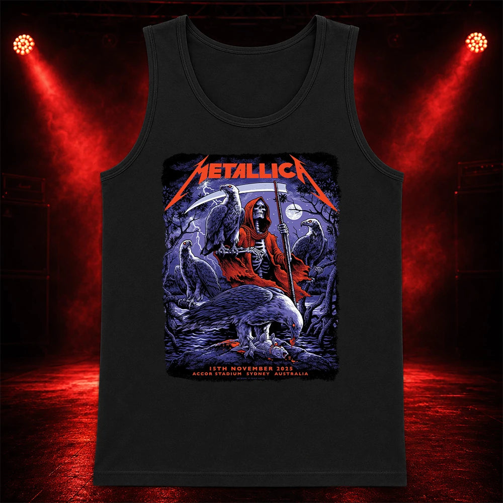 Metallica M72 World Tour November 15 2025 Accor Stadium Sydney Australia T-shirt by Blair Sayer featuring a hooded skeletal reaper, birds of prey, full moon, lightning, twisted trees and Sydney event text.