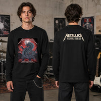 Metallica M72 World Tour November 19 2025 Eden Park Auckland New Zealand 2 side Long sleeve by Mr. Wolf featuring a taniwha raven creature, full moon, red storm clouds, lightning, mountains and Auckland event text.