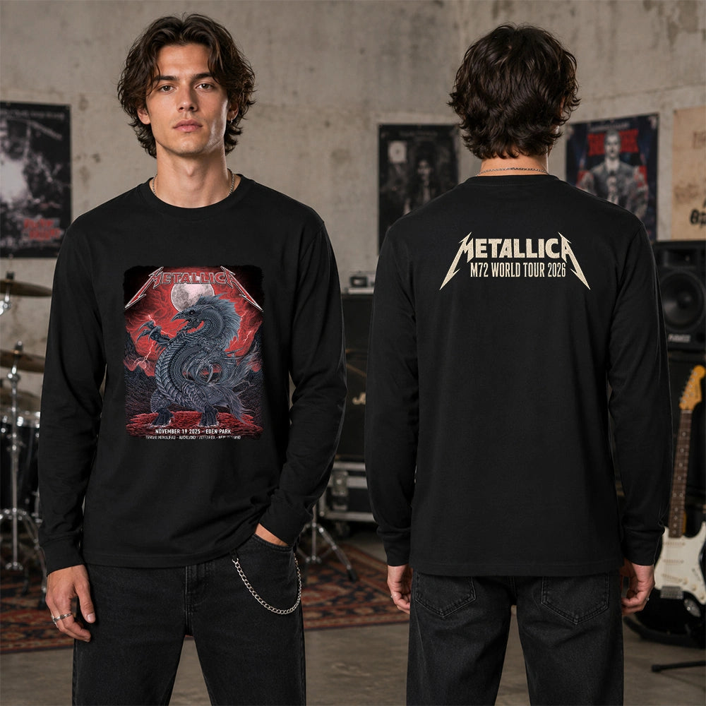 Metallica M72 World Tour November 19 2025 Eden Park Auckland New Zealand 2 side Long sleeve by Mr. Wolf featuring a taniwha raven creature, full moon, red storm clouds, lightning, mountains and Auckland event text.