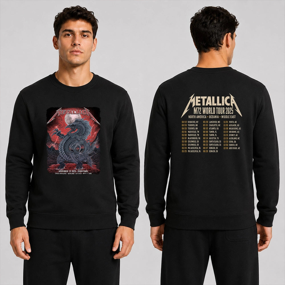 Metallica M72 World Tour November 19 2025 Eden Park Auckland New Zealand 2 side Sweatshirt by Mr. Wolf featuring a taniwha raven creature, full moon, red storm clouds, lightning, mountains and Auckland event text.