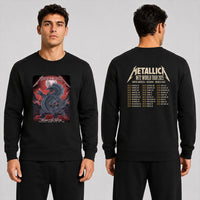 Metallica M72 World Tour November 19 2025 Eden Park Auckland New Zealand 2 side Sweatshirt by Mr. Wolf featuring a taniwha raven creature, full moon, red storm clouds, lightning, mountains and Auckland event text.
