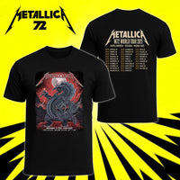 Metallica M72 World Tour November 19 2025 Eden Park Auckland New Zealand 2 side T-shirt by Mr. Wolf featuring a taniwha raven creature, full moon, red storm clouds, lightning, mountains and Auckland event text.