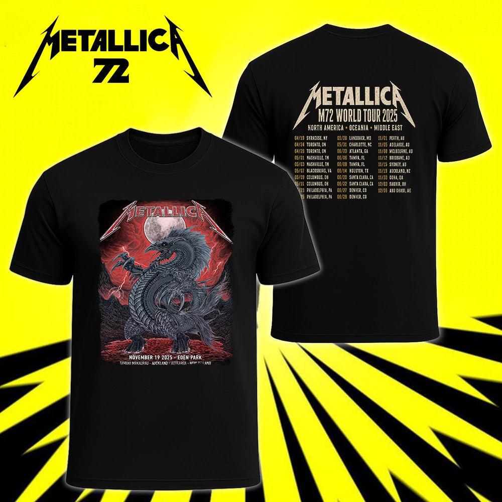 Metallica M72 World Tour November 19 2025 Eden Park Auckland New Zealand 2 side T-shirt by Mr. Wolf featuring a taniwha raven creature, full moon, red storm clouds, lightning, mountains and Auckland event text.