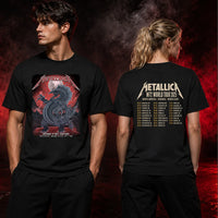 Metallica M72 World Tour November 19 2025 Eden Park Auckland New Zealand 2 side T-shirt by Mr. Wolf featuring a taniwha raven creature, full moon, red storm clouds, lightning, mountains and Auckland event text.