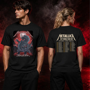 Metallica M72 World Tour November 19 2025 Eden Park Auckland New Zealand 2 side T-shirt by Mr. Wolf featuring a taniwha raven creature, full moon, red storm clouds, lightning, mountains and Auckland event text.