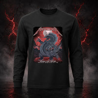Metallica M72 World Tour November 19 2025 Eden Park Auckland New Zealand Long Sleeve by Mr. Wolf featuring a taniwha raven creature, full moon, red storm clouds, lightning, mountains and Auckland event text.