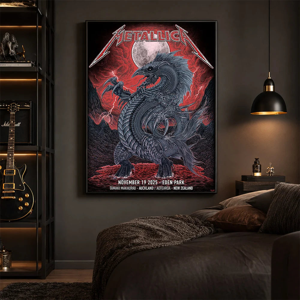 Metallica M72 World Tour November 19 2025 Eden Park Auckland New Zealand poster canvas by Mr. Wolf featuring a taniwha raven creature, full moon, red storm clouds, lightning, mountains and Auckland event text.