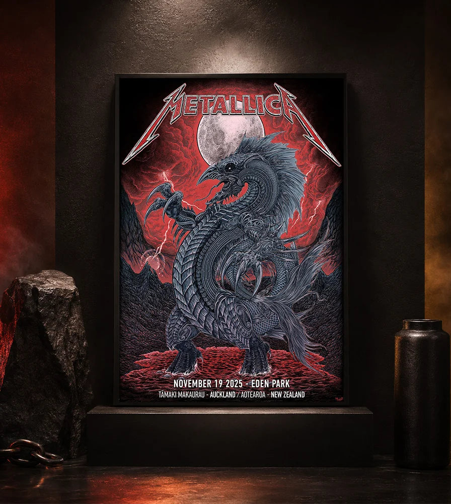 Metallica M72 World Tour November 19 2025 Eden Park Auckland New Zealand poster canvas by Mr. Wolf featuring a taniwha raven creature, full moon, red storm clouds, lightning, mountains and Auckland event text.