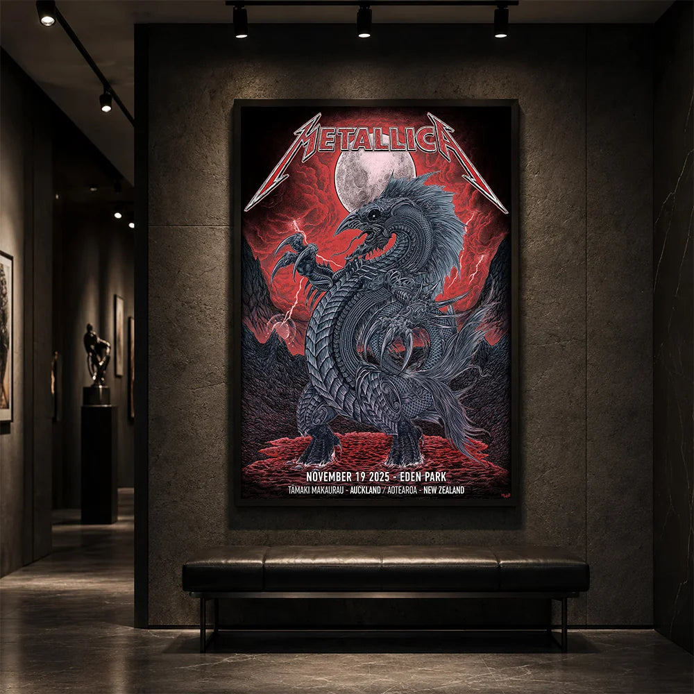 Metallica M72 World Tour November 19 2025 Eden Park Auckland New Zealand poster canvas by Mr. Wolf featuring a taniwha raven creature, full moon, red storm clouds, lightning, mountains and Auckland event text.
