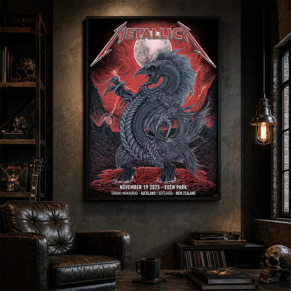 Metallica M72 World Tour November 19 2025 Eden Park Auckland New Zealand poster canvas by Mr. Wolf featuring a taniwha raven creature, full moon, red storm clouds, lightning, mountains and Auckland event text.