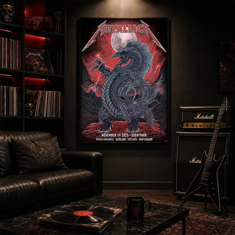Metallica M72 World Tour November 19 2025 Eden Park Auckland New Zealand poster canvas by Mr. Wolf featuring a taniwha raven creature, full moon, red storm clouds, lightning, mountains and Auckland event text.