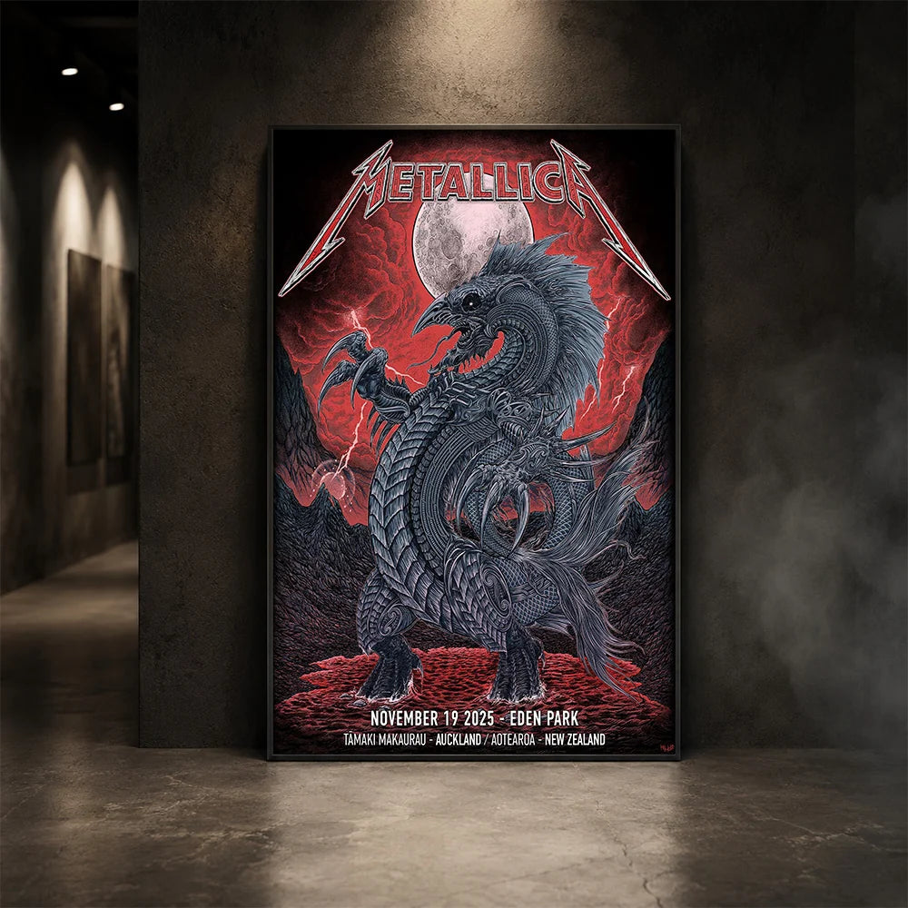 Metallica M72 World Tour November 19 2025 Eden Park Auckland New Zealand poster canvas by Mr. Wolf featuring a taniwha raven creature, full moon, red storm clouds, lightning, mountains and Auckland event text.
