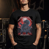 Metallica M72 World Tour November 19 2025 Eden Park Auckland New Zealand T-shirt by Mr. Wolf featuring a taniwha raven creature, full moon, red storm clouds, lightning, mountains and Auckland event text.