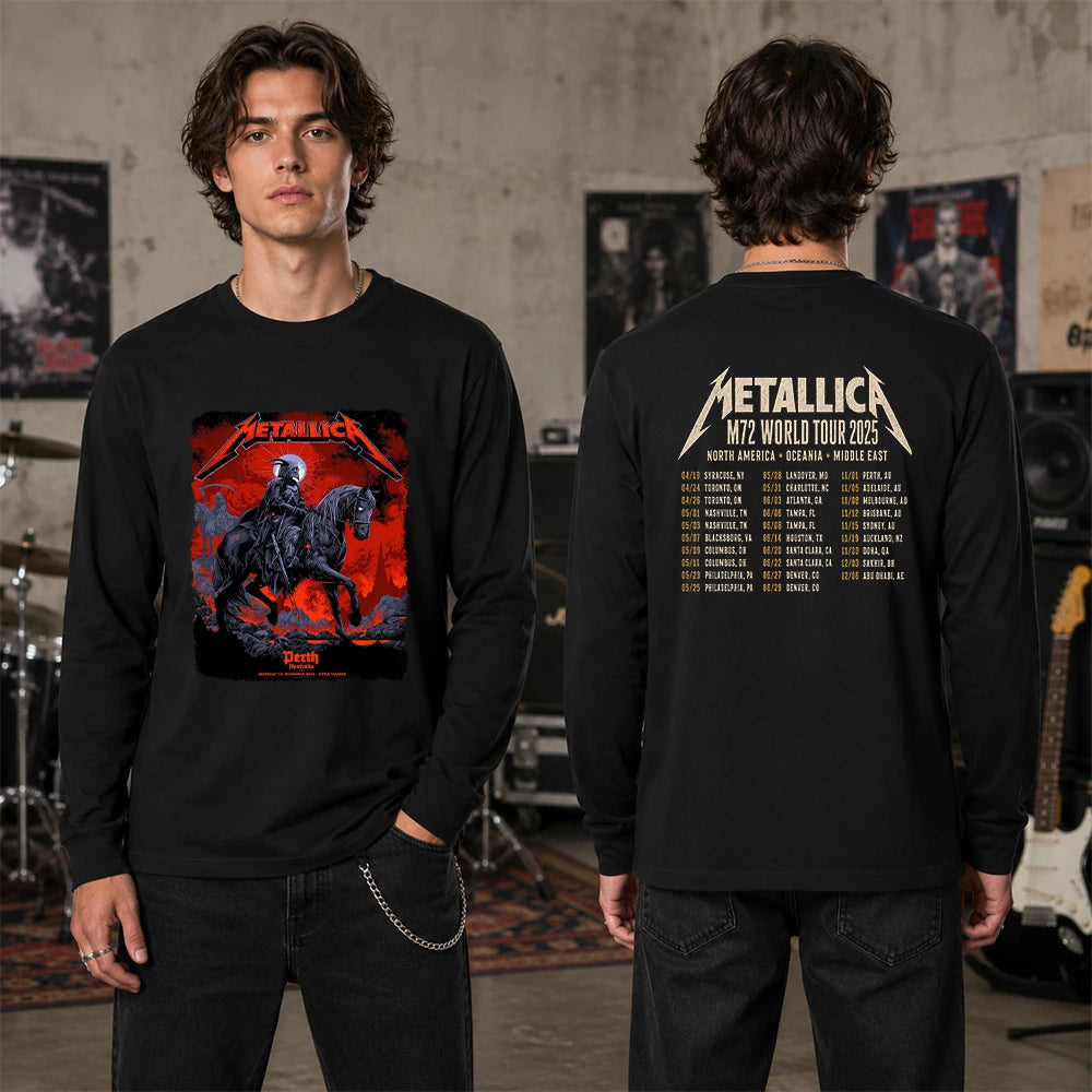 Metallica M72 World Tour November 1 2025 Optus Stadium Perth Australia 2 side T-shirt by Ken Taylor featuring a skeletal rider on a black horse, ghostly scythe rider, red smoke, skulls, rocks and M72 tour back print.